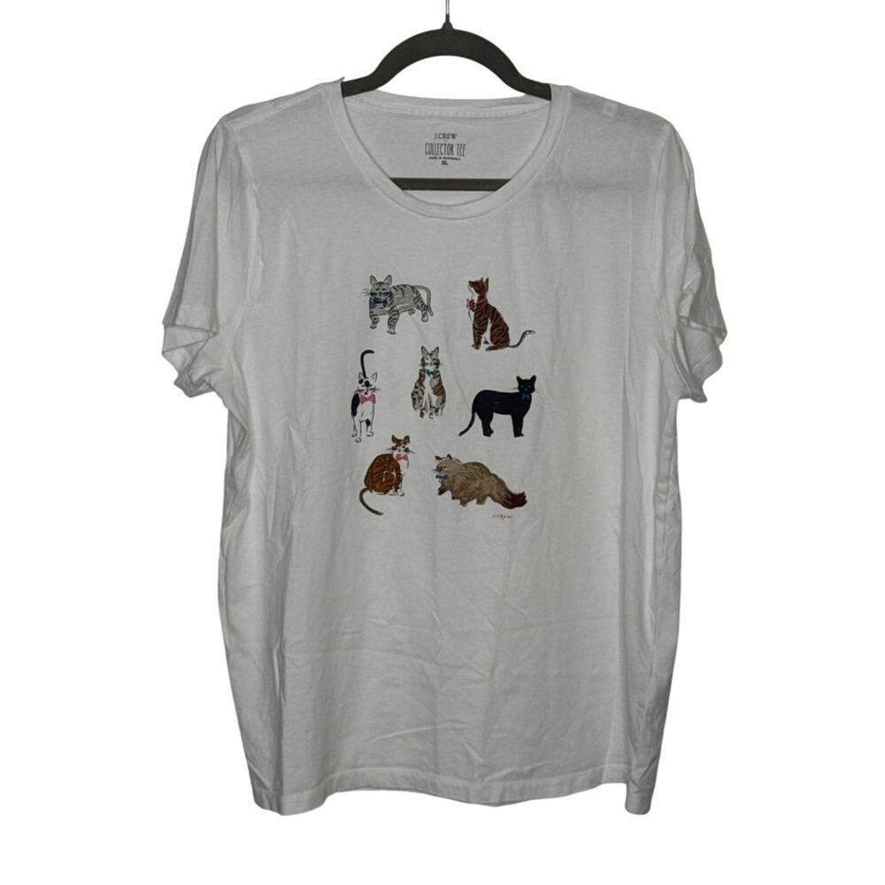 J.Crew Factory Sz XL Bright White Cotton T-shirt Kitty Cat Bow Tie | EUC